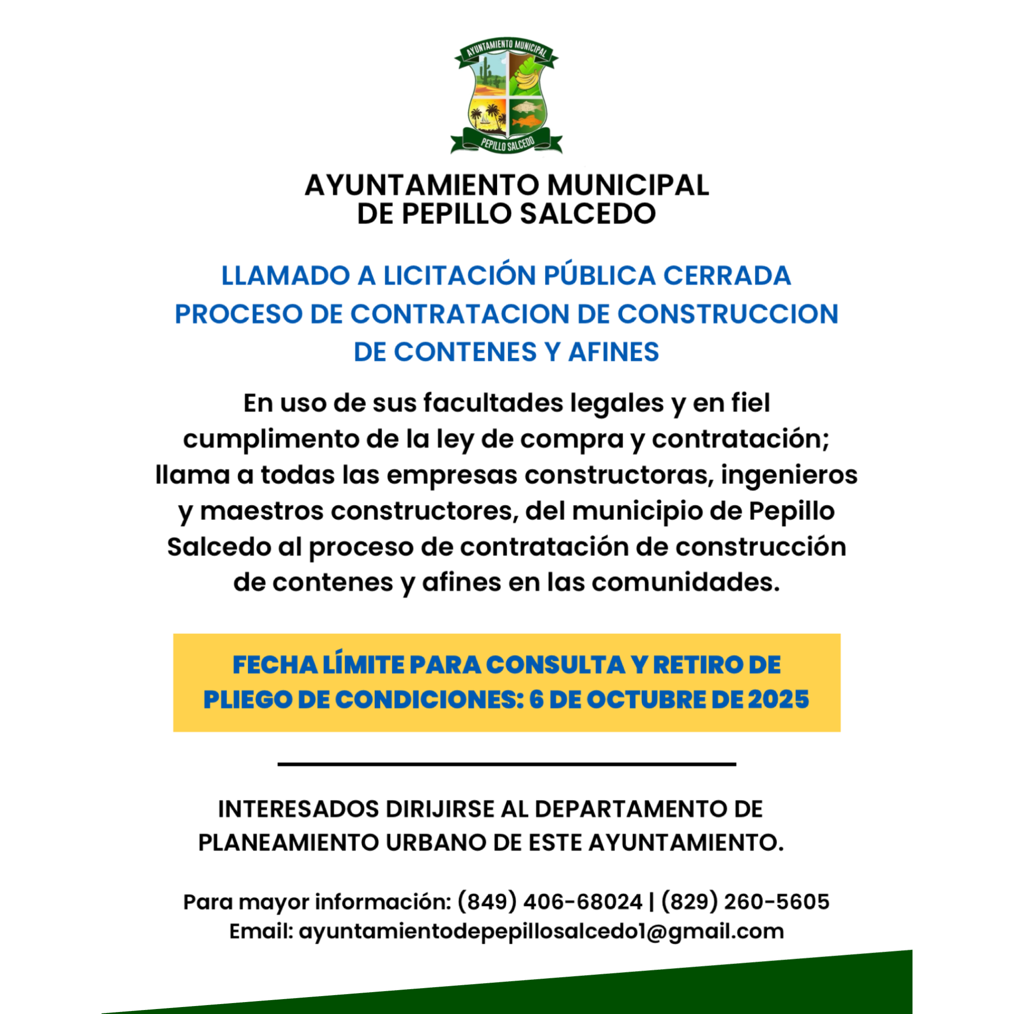 LLAMADO A LICITACION PUBLICA CERRADA PROCESO DE CONTRATACION DE CONSTRUCCION DE CONTENES Y AFINES