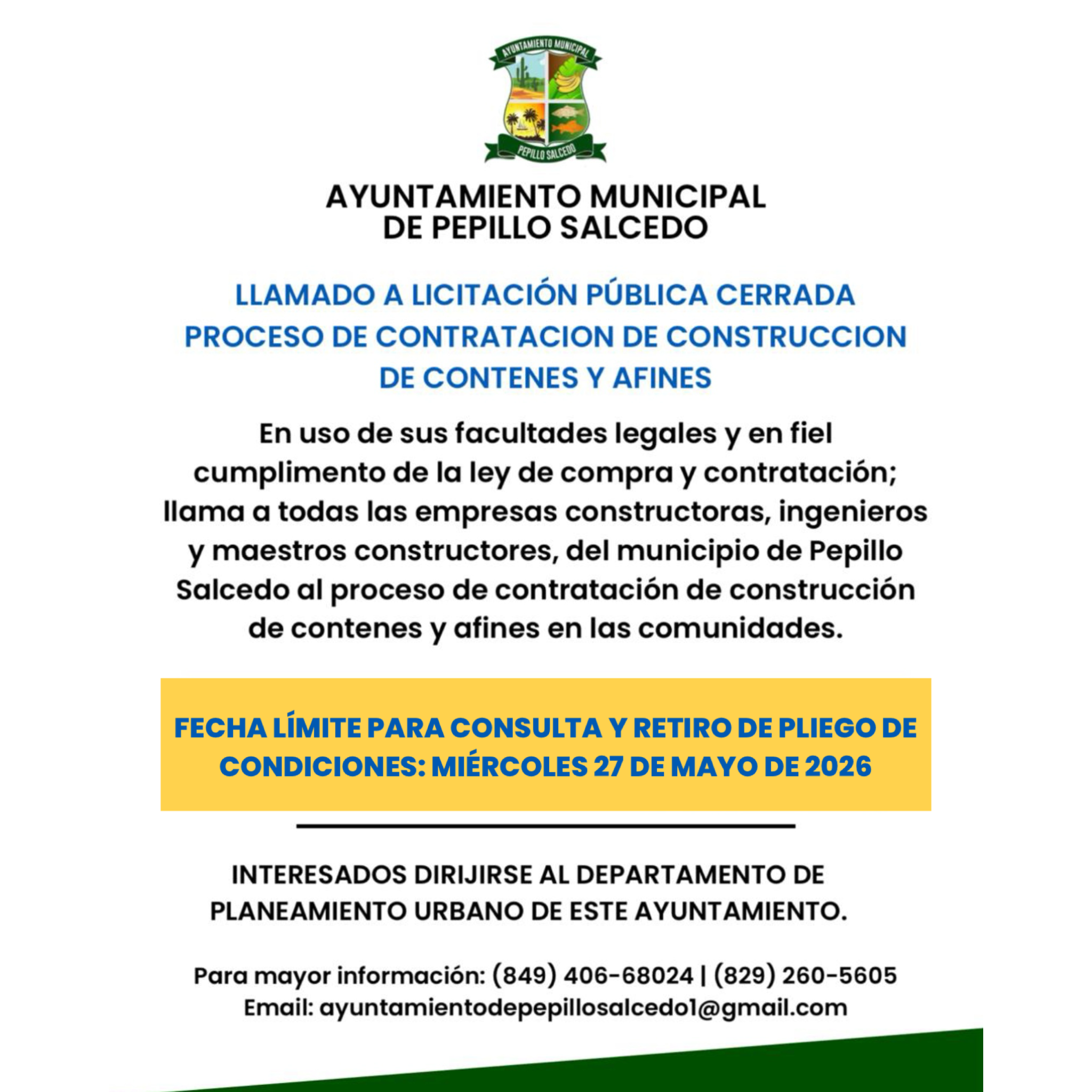 LLAMADO A LICITACION PUBLICA CERRADA PROCESO DE CONTRATACION DE CONSTRUCCION DE CONTENES Y AFINES